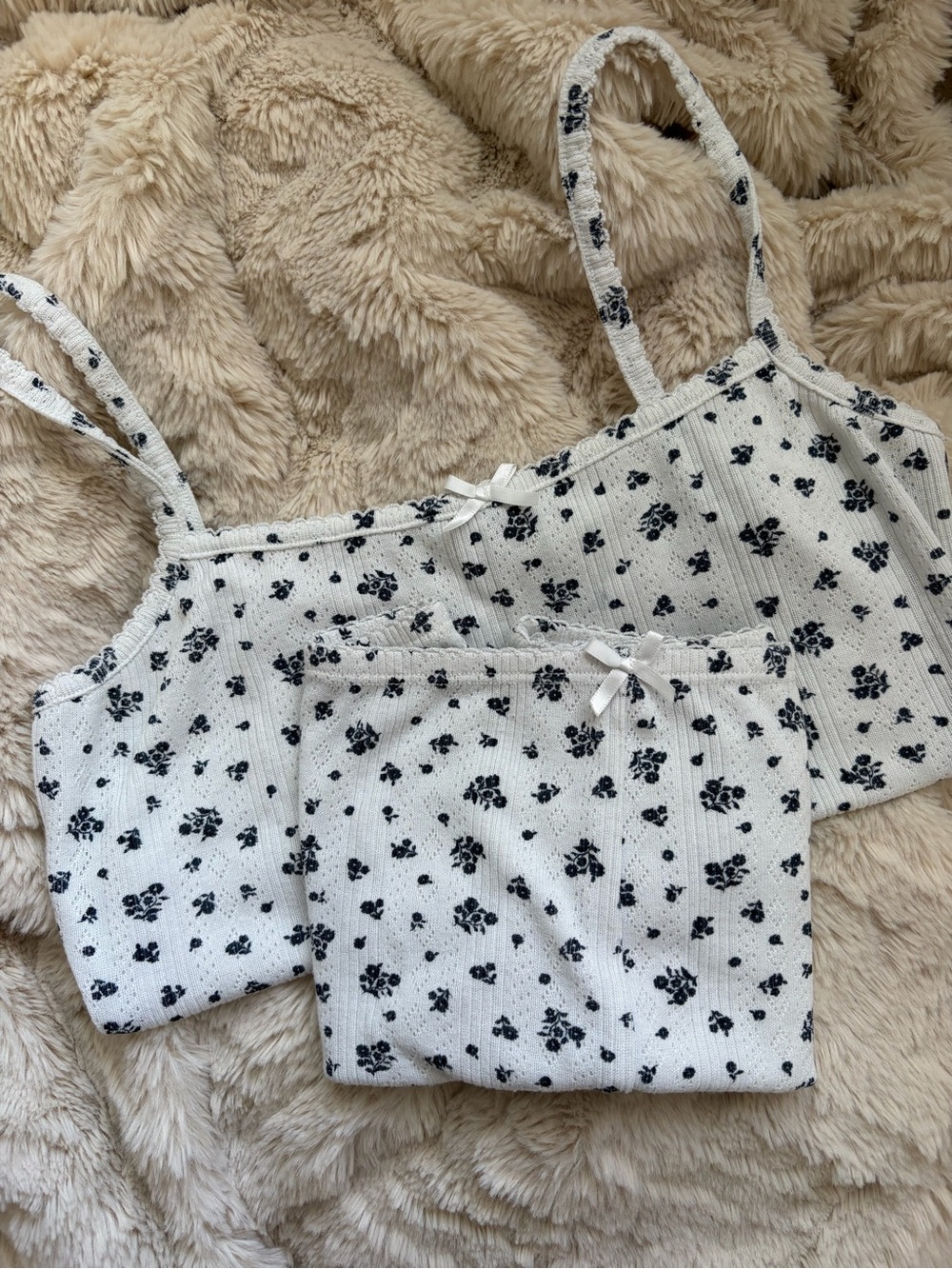 Garage PJ Set White Top&Bottom with Black Floral Print